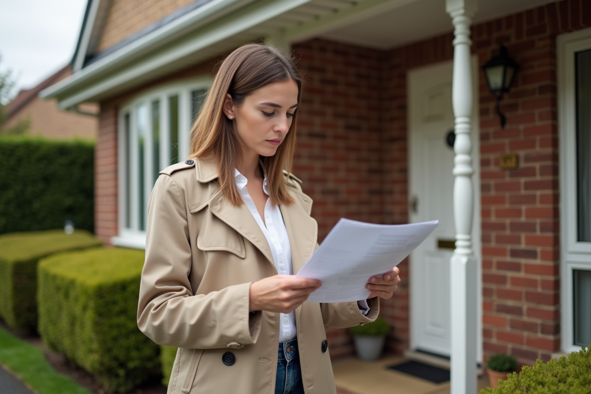Femme acheteuse regardant un contrat devant une maison de banlieue