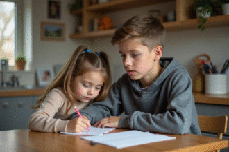 Adolescent aidant sa sœur aux devoirs dans la cuisine familiale