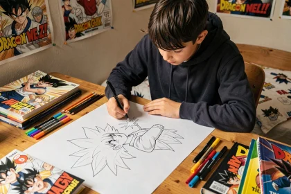 Adolescent dessinant un coloriage Dragon Ball Z détaillé avec des marqueurs et un stylo à encre sur une feuille blanche, assis à son bureau