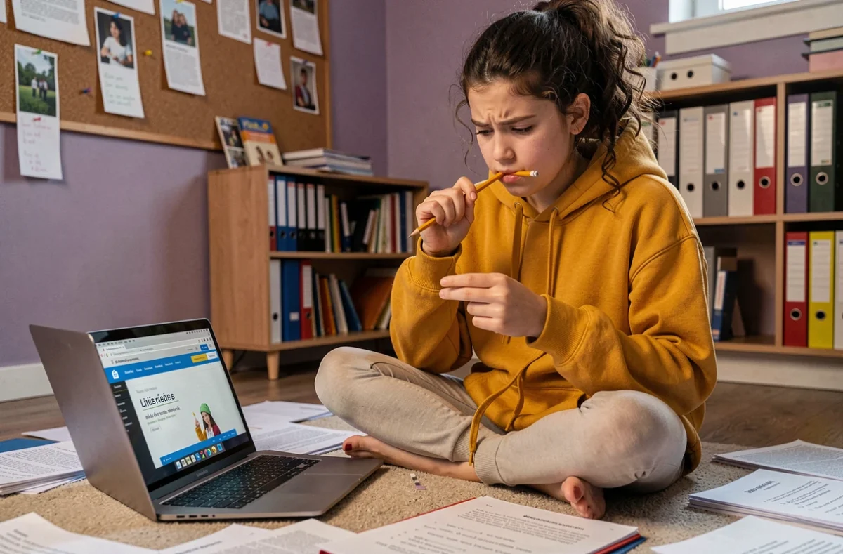 Adolescente révisant les règles d'orthographe du mot parenthèse sur des fiches de grammaire