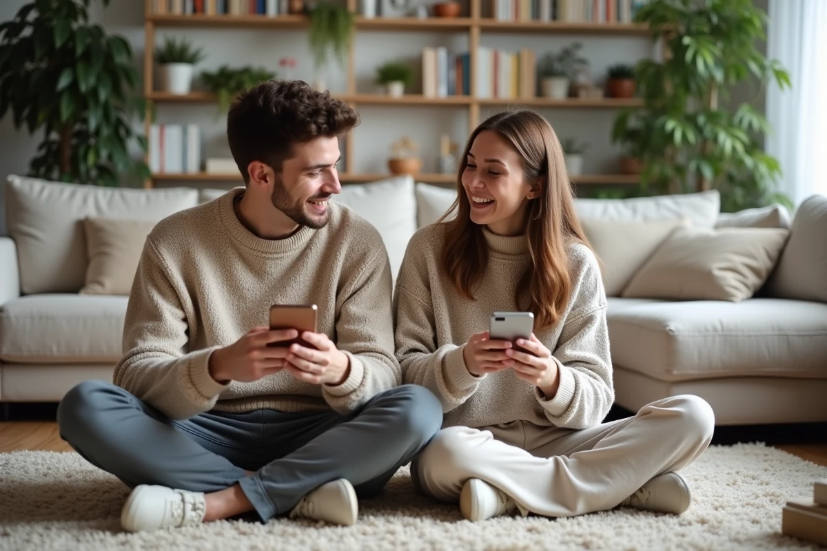 Deux adolescents détendus discutant avec leurs smartphones à la maison