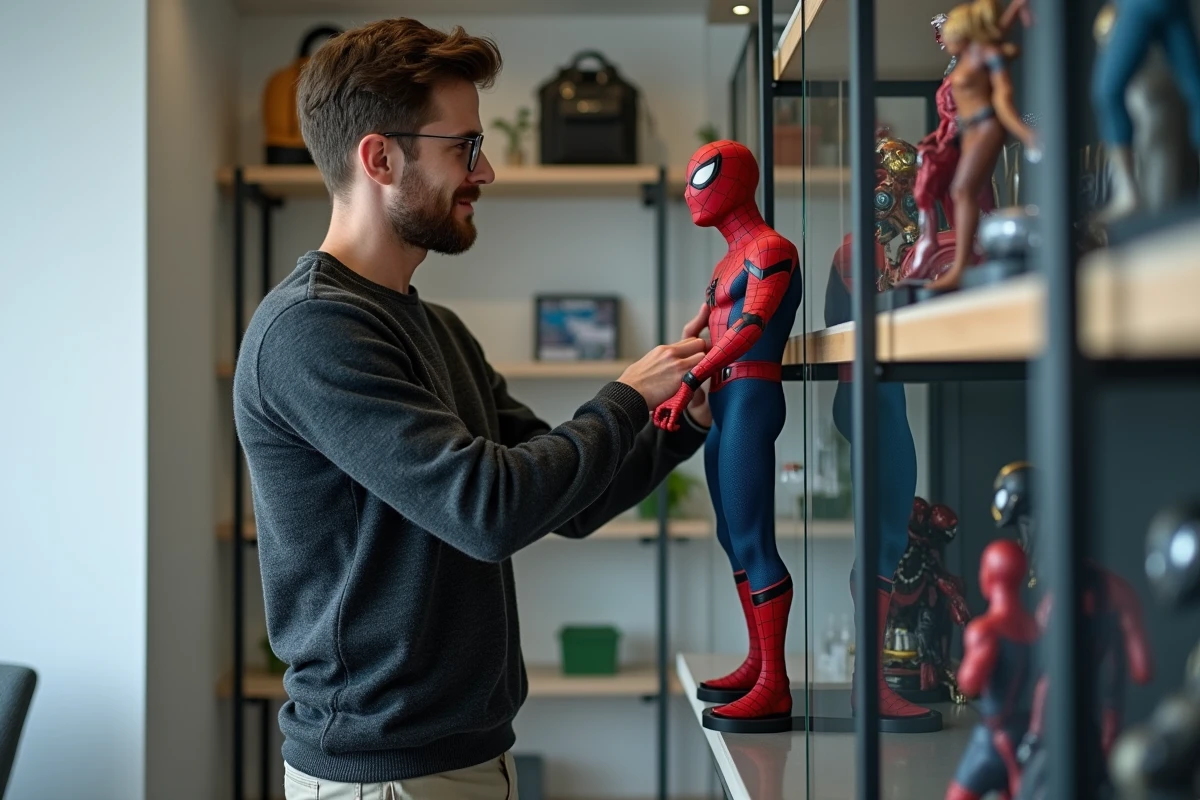 Adulte collectionneur plaçant une figurine Spider-Man de collection sur une étagère d'exposition