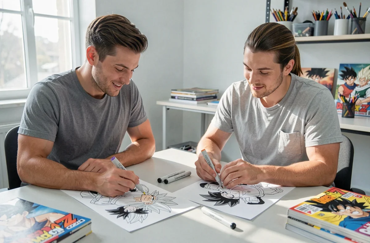 Deux adultes collaborant sur des coloriages Dragon Ball Z détaillés dans un studio artistique, partageant des marqueurs Copic professionnels