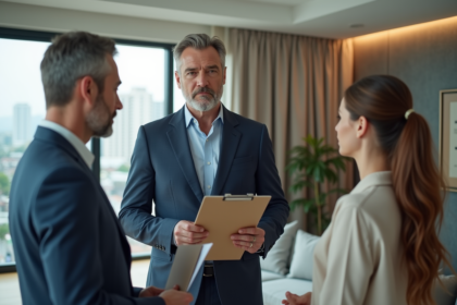 Agent immobilier en costume bleu discutant avec un couple dans un appartement