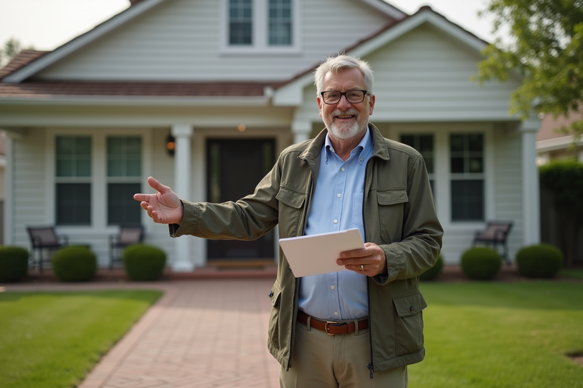 Agent immobilier devant une maison de banlieue