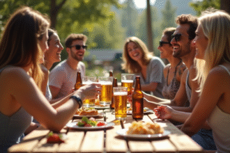 Groupe d'amis dégustant une bière sans gluten en terrasse ensoleillée