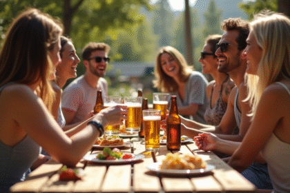 Groupe d'amis dégustant une bière sans gluten en terrasse ensoleillée