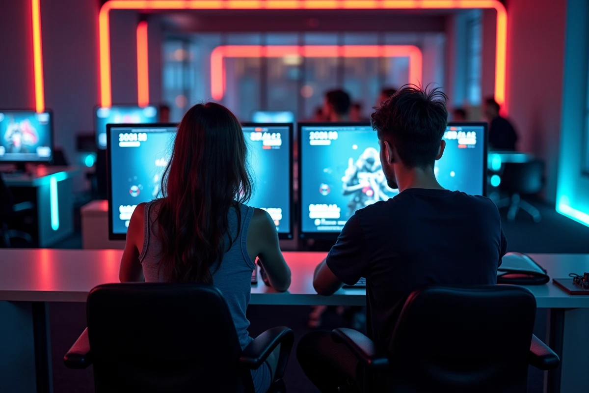 Deux amis jouant ensemble à un jeu de la bombe en ligne dans un café gaming moderne avec des écrans multimode