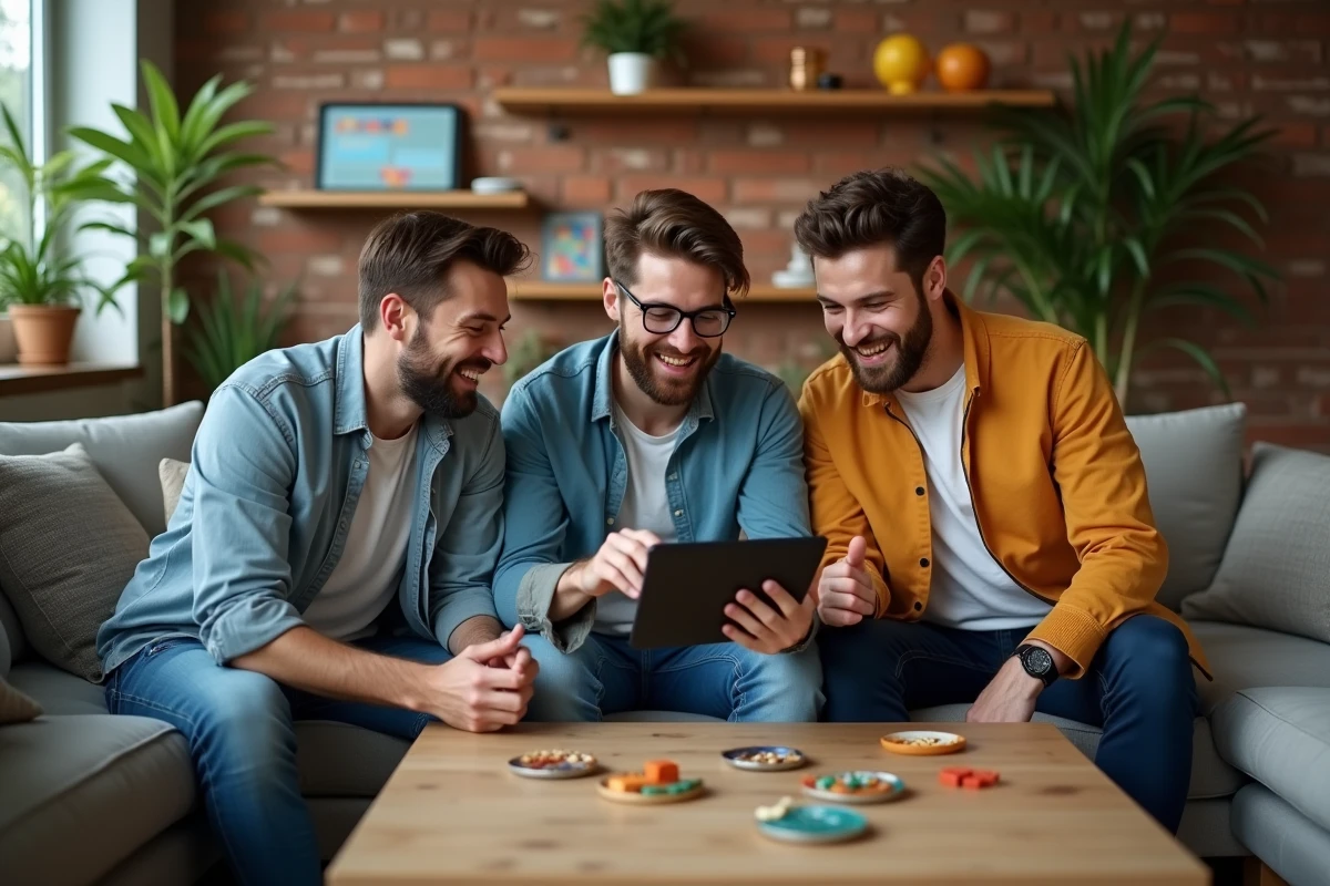 Trois amis jouant ensemble à un jeu Motus dans un espace de coworking lumineux