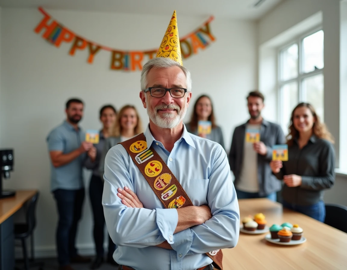 Homme d'anniversaire avec écharpe humoristique et chapeau festif dans une salle de pause au bureau