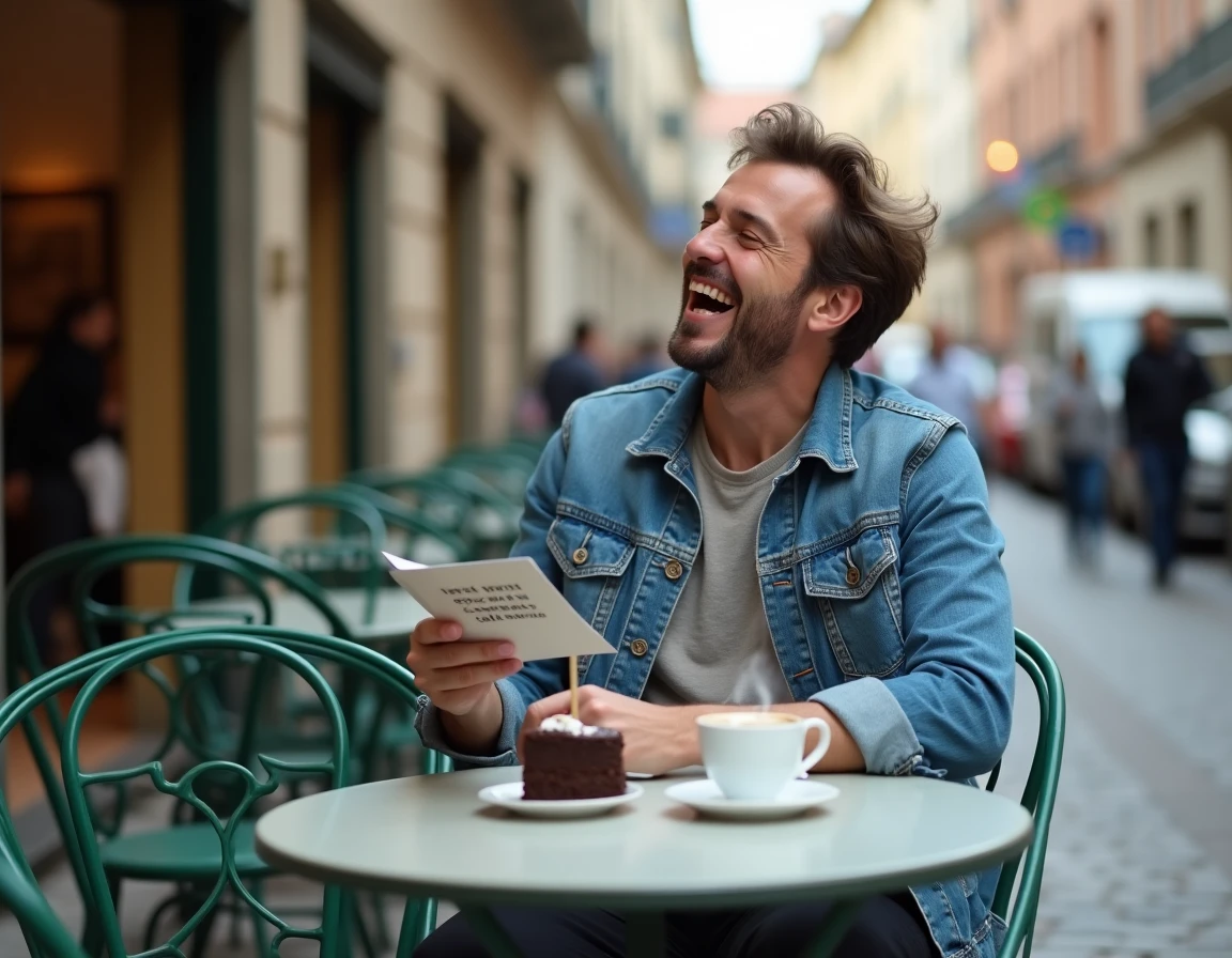 Homme riant seul à une terrasse de café avec une carte d'anniversaire humoristique et un petit gâteau