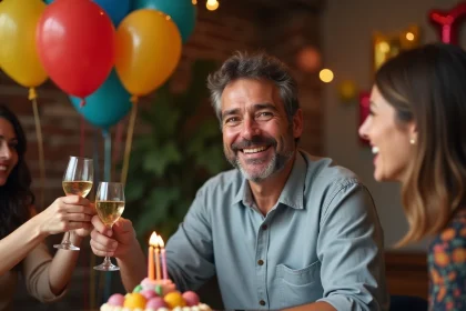 Homme souriant fêtant son anniversaire entouré d'amis avec gâteau et ballons colorés