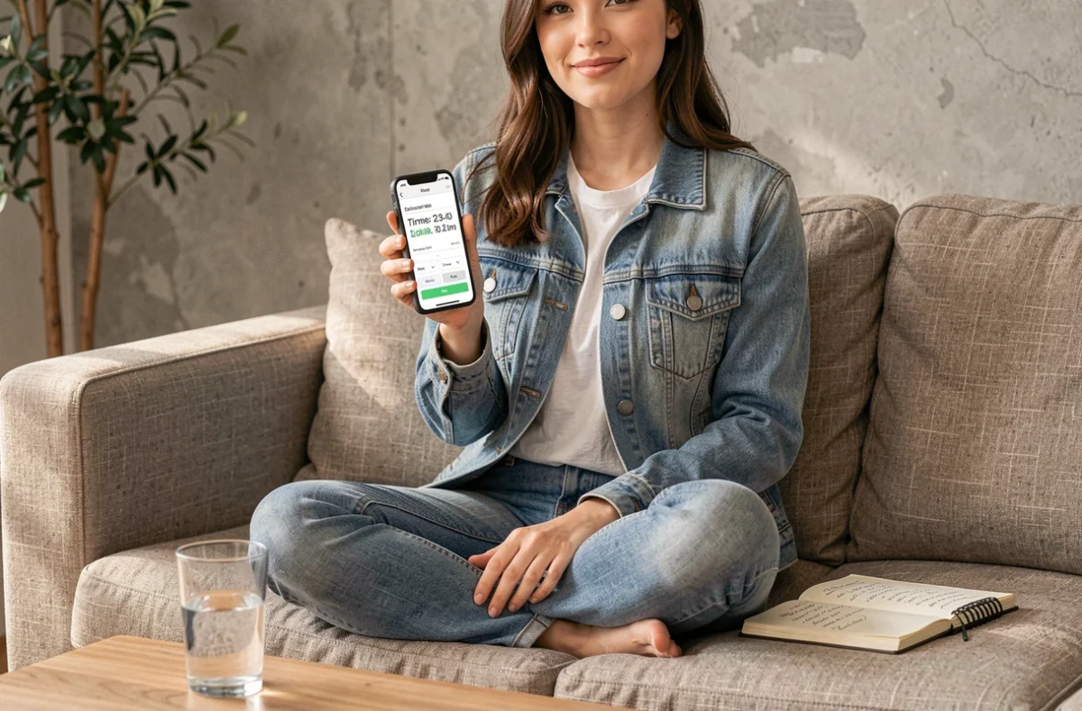 Jeune femme utilisant une application mobile pour convertir des minutes en heures décimales dans un salon moderne