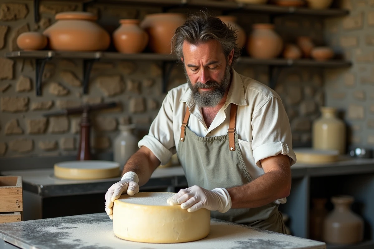 Artisan fromager espagnol pressant un fromage frais dans un atelier rural traditionnel, métier de quesero en Espagne