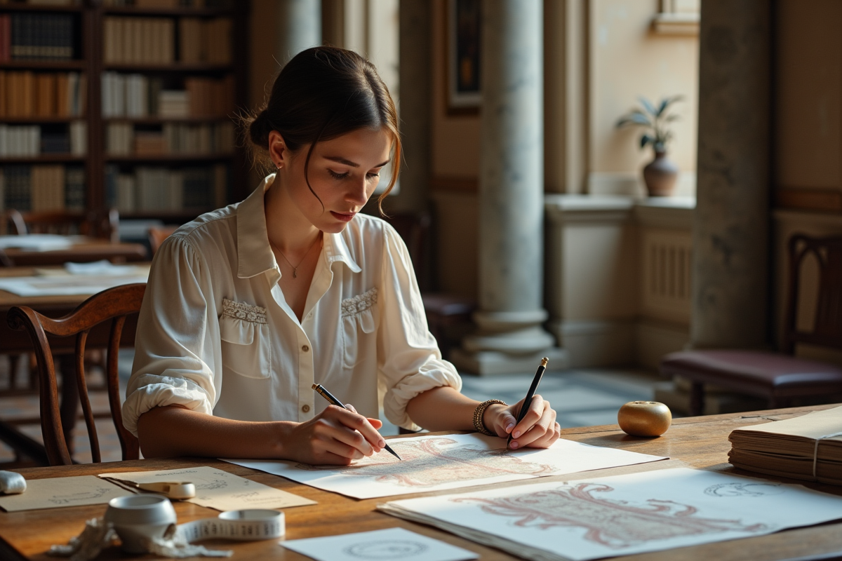Assistante de mode dessinant des croquis vintage