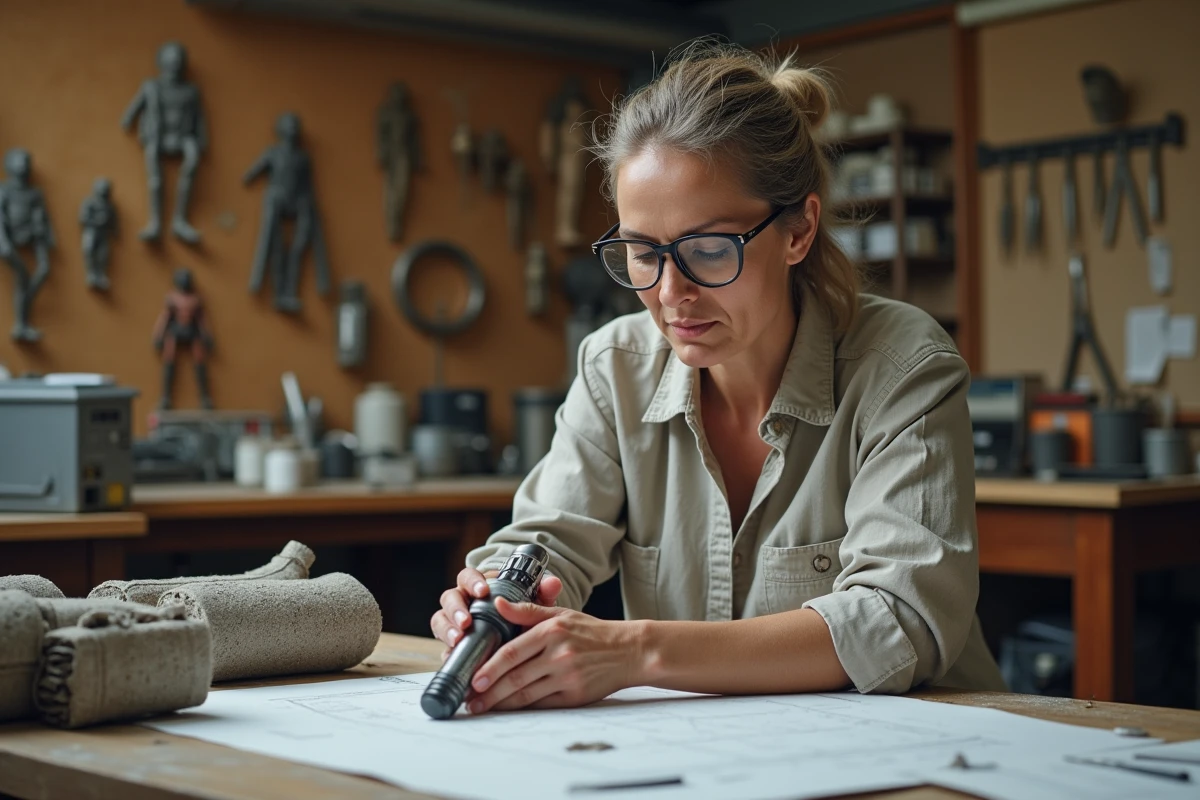 Designeuse de accessoires examinant une réplique de sabre laser Jedi dans un atelier de création de costumes Star Wars