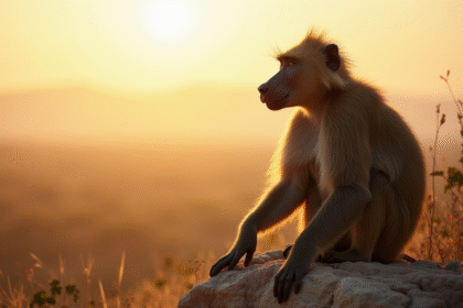 Babouin assis sur un rocher en savane en plein soleil