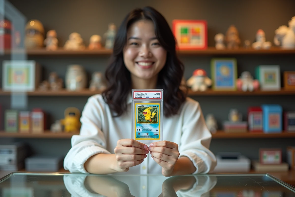 Vendeuse présentant une carte Pokémon rare gradée PSA dans une boutique de cartes à collectionner
