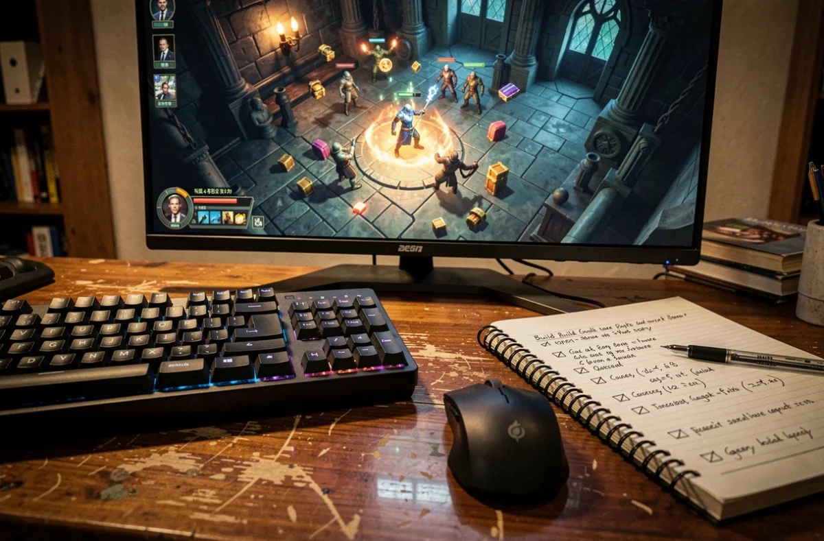Bureau de joueur solo avec notes de build manuscrites et écran affichant un donjon dans Path of Exile 2