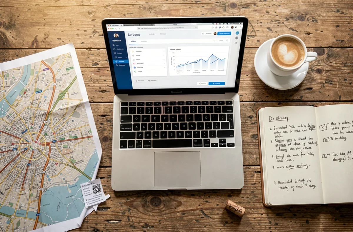 Vue aérienne d'un bureau avec ordinateur portable, carnet de stratégie digitale et carte de Bordeaux, symbolisant la présence en ligne locale