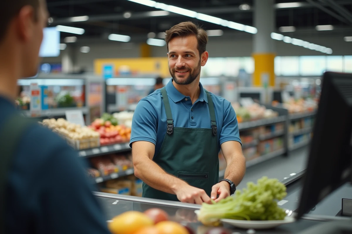 Caissier en uniforme au poste de caisse du SP Supermarché de Châtillon lors du passage en caisse d'un client