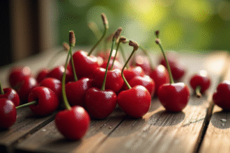Cerises fraîches et mûres sur une table en bois rustique