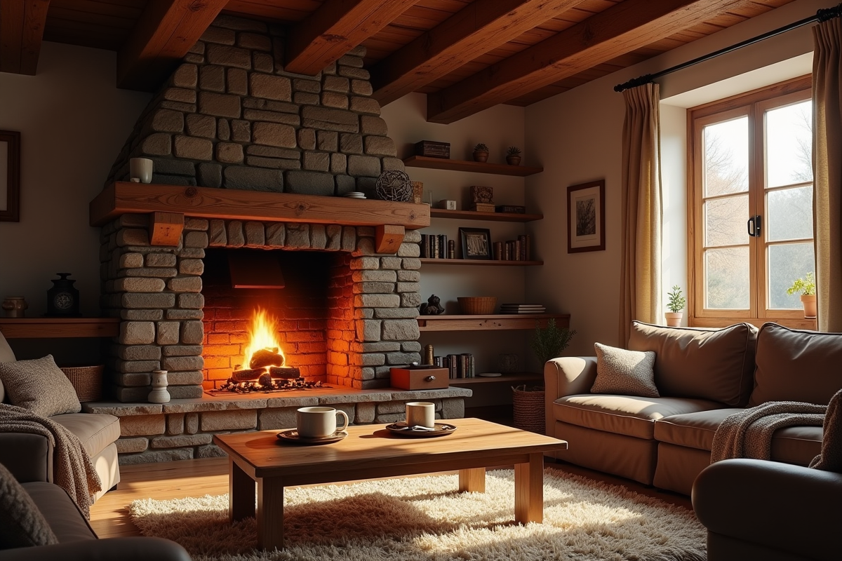 Intérieur rustique avec cheminée en pierre et feu de bois