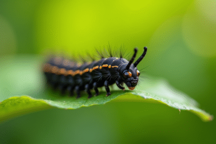 Chenille noire sur feuille verte en plein air