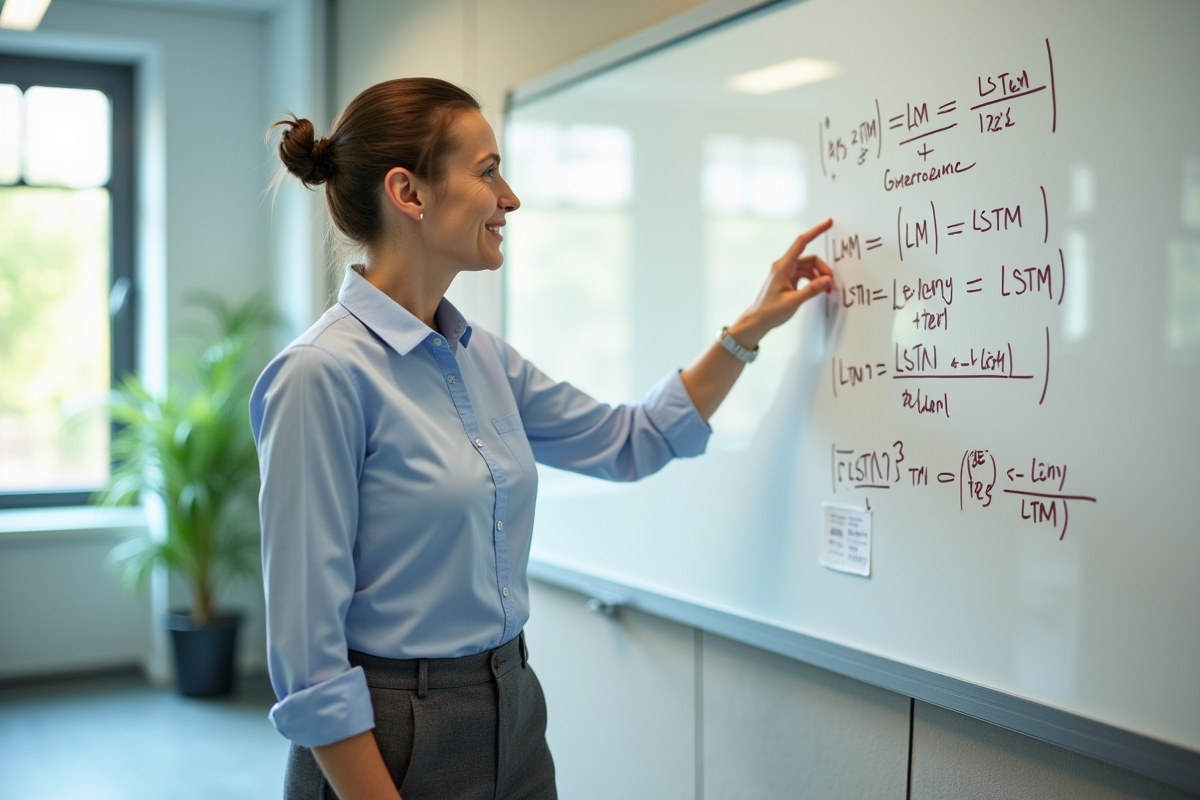Femme scientifique explique diagrammes LLM et LSTM