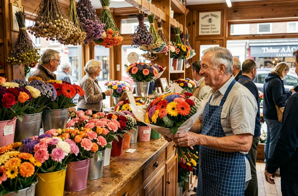 Marcel, fleuriste jovial de Chez Marcel Fleurs, remettant un bouquet coloré de gerberas et œillets à un client dans sa boutique chaleureuse