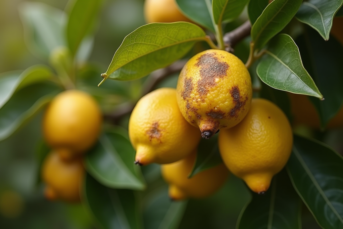 Citronnier entier avec fruits affectes par taches brunes et moisissure