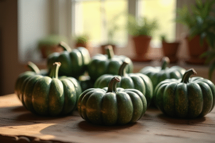 Citrouilles vertes fraîches sur une table en bois rustique