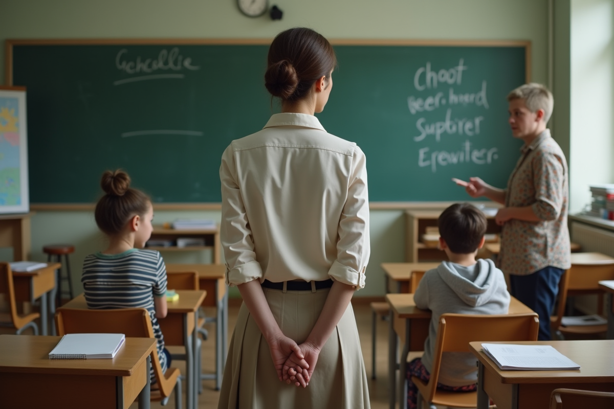 Enseignante frustrée avec élèves en classe