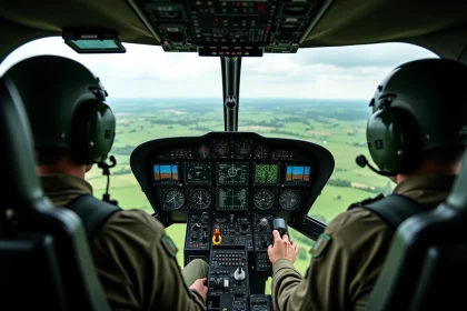 Vue depuis le cockpit d'un hélicoptère militaire en mission, avec tableau de bord et paysage visible à travers le pare-brise