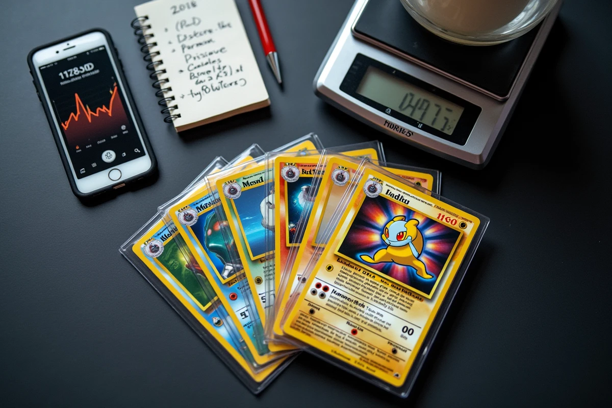 Vue aérienne de cartes Pokémon rares en collection avec application de suivi de prix et notes d'investissement