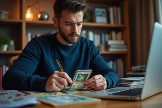 Collectionneur adulte examinant une carte Pokémon rare précieuse dans un protège-carte rigide à son bureau d'investisseur