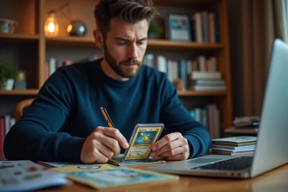 Collectionneur adulte examinant une carte Pokémon rare précieuse dans un protège-carte rigide à son bureau d'investisseur