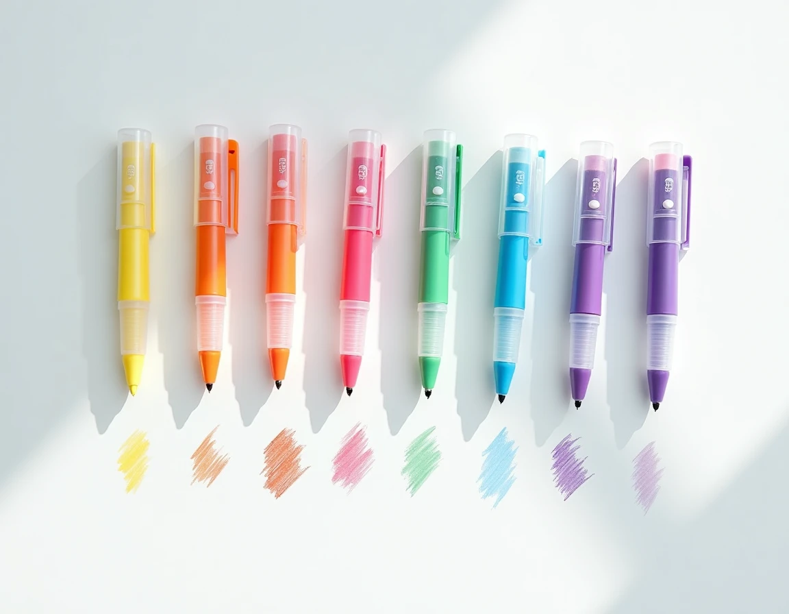 Comparatif de plusieurs stylos 4 couleurs effaçables alignés avec tests d'encre sur fond blanc