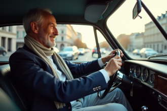 Homme d'âge moyen conduisant une voiture ancienne à Paris