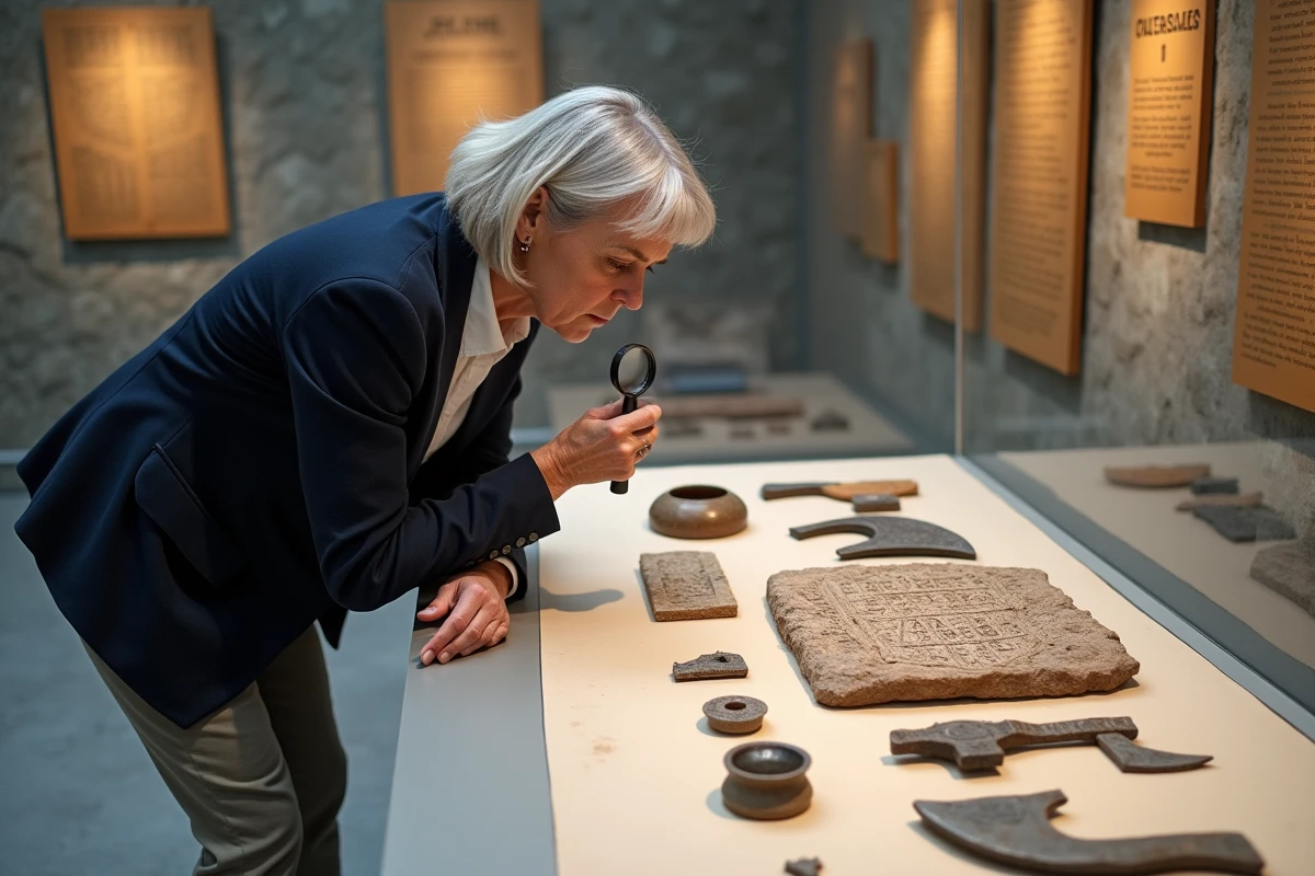 Conservatrice de musée examinant des artefacts vikings authentiques, runestone et haches en fer, dans une vitrine archéologique scandinave