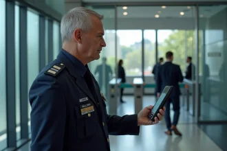 Agent de sécurité contrôlant un accès badge à l'entrée d'un bâtiment d'entreprise moderne