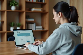 Femme utilisant un outil en ligne de conversion mile en kilomètre sur un ordinateur portable dans un bureau à domicile