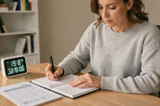 Femme calculant la conversion de minutes en heures décimales dans un agenda papier sur un bureau en bois