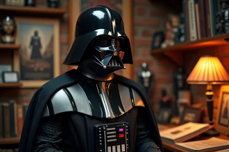 Fan en costume de Dark Vador dans une salle de collection Star Wars remplie de figurines vintage et d'affiches originales