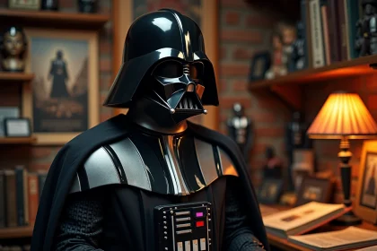 Fan en costume de Dark Vador dans une salle de collection Star Wars remplie de figurines vintage et d'affiches originales