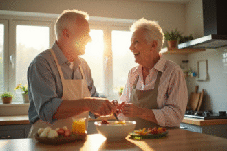 Couple âgé riant en préparant le petit déjeuner dans une cuisine lumineuse