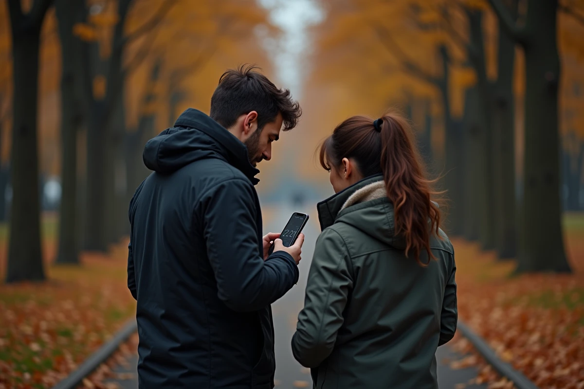 Un couple regardant leur téléphone dans un parc d