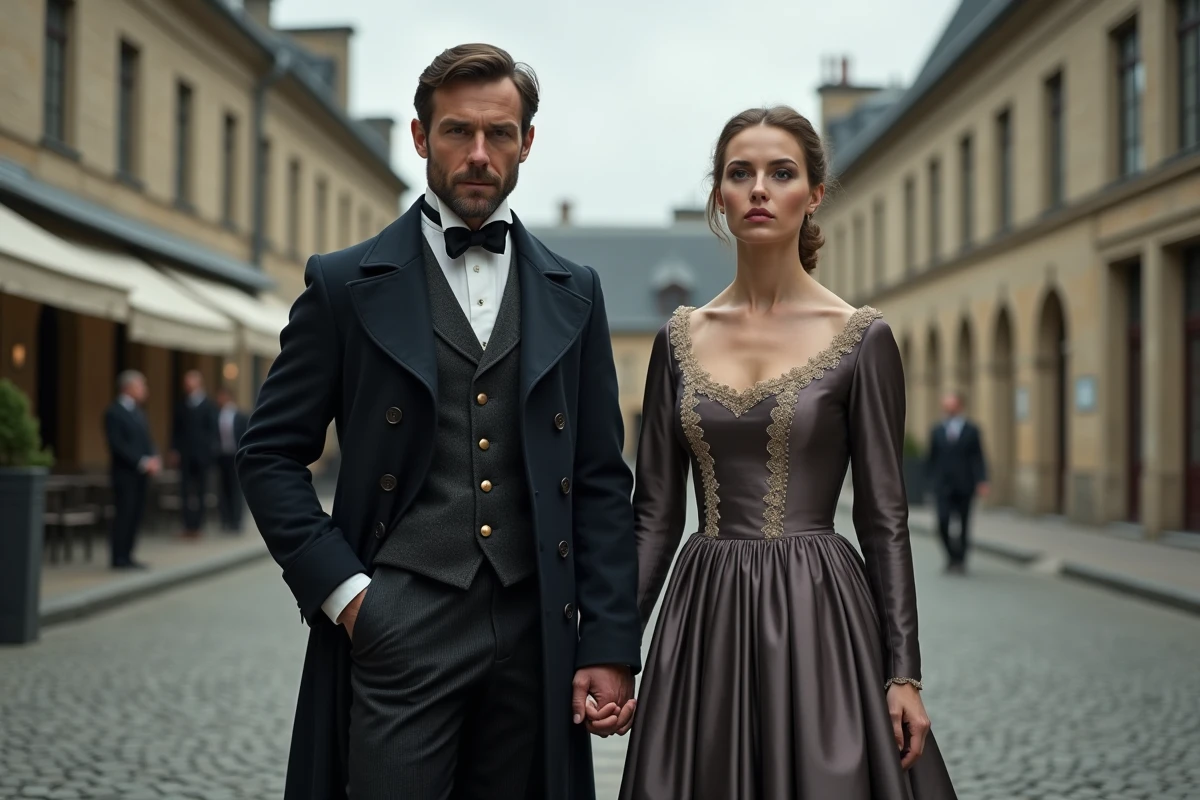Couple bourgeois français du XIXe siècle en place de province, illustrant la vanité et le conformisme social de la bourgeoisie de la Restauration dans Le Rouge et le Noir de Stendhal