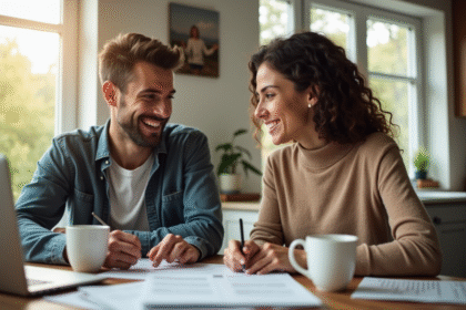 Jeune couple souriant à la maison avec documents immobiliers