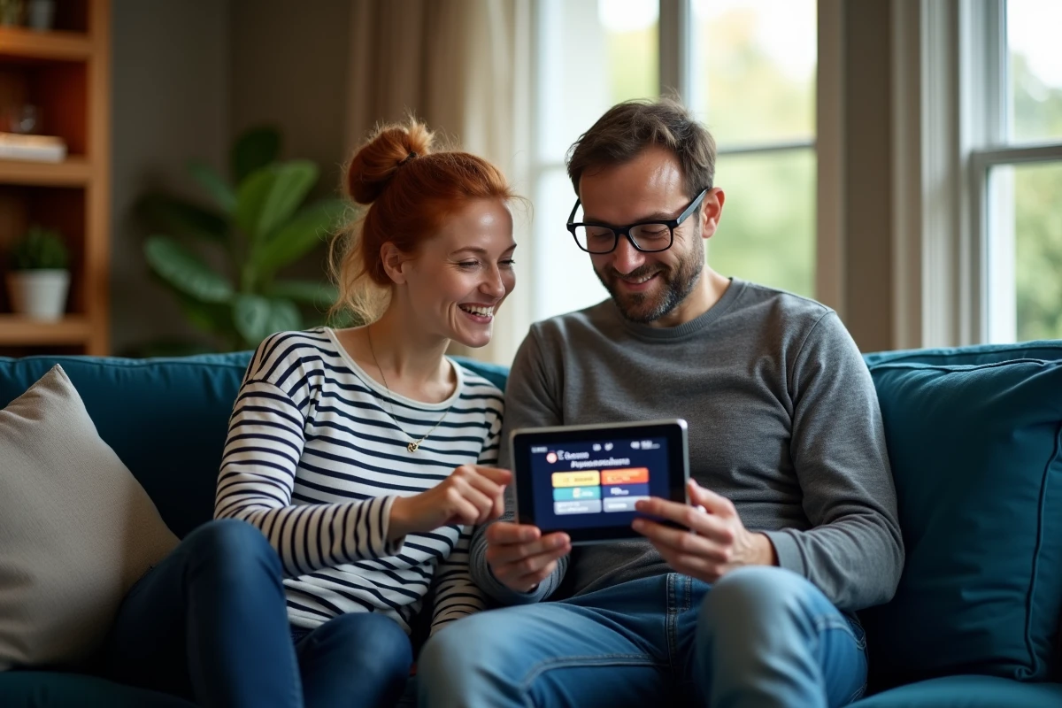 Couple consultant ensemble le programme télé de l'après-midi sur une tablette dans un salon cosy, nouveautés 2026